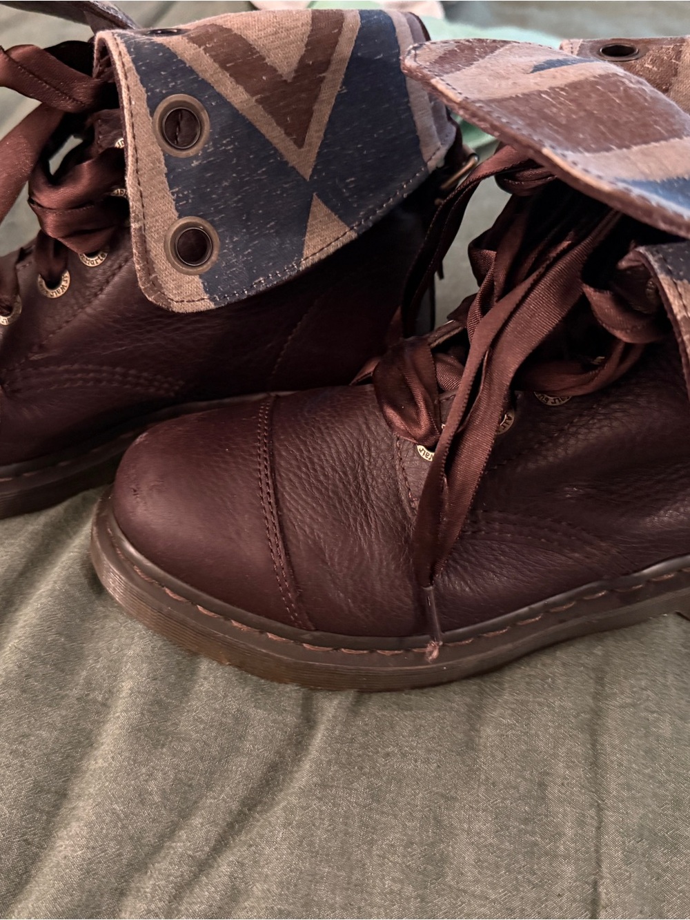 Dr. Martens Burgundy Leather Lace-Up Fold-Top Union Jack Combat Boots